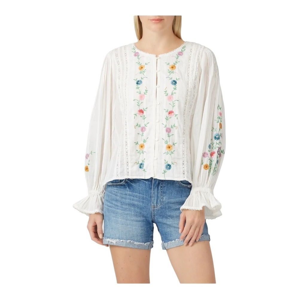 LoveShackFancy White Floral Embroidered Peasant Blouse